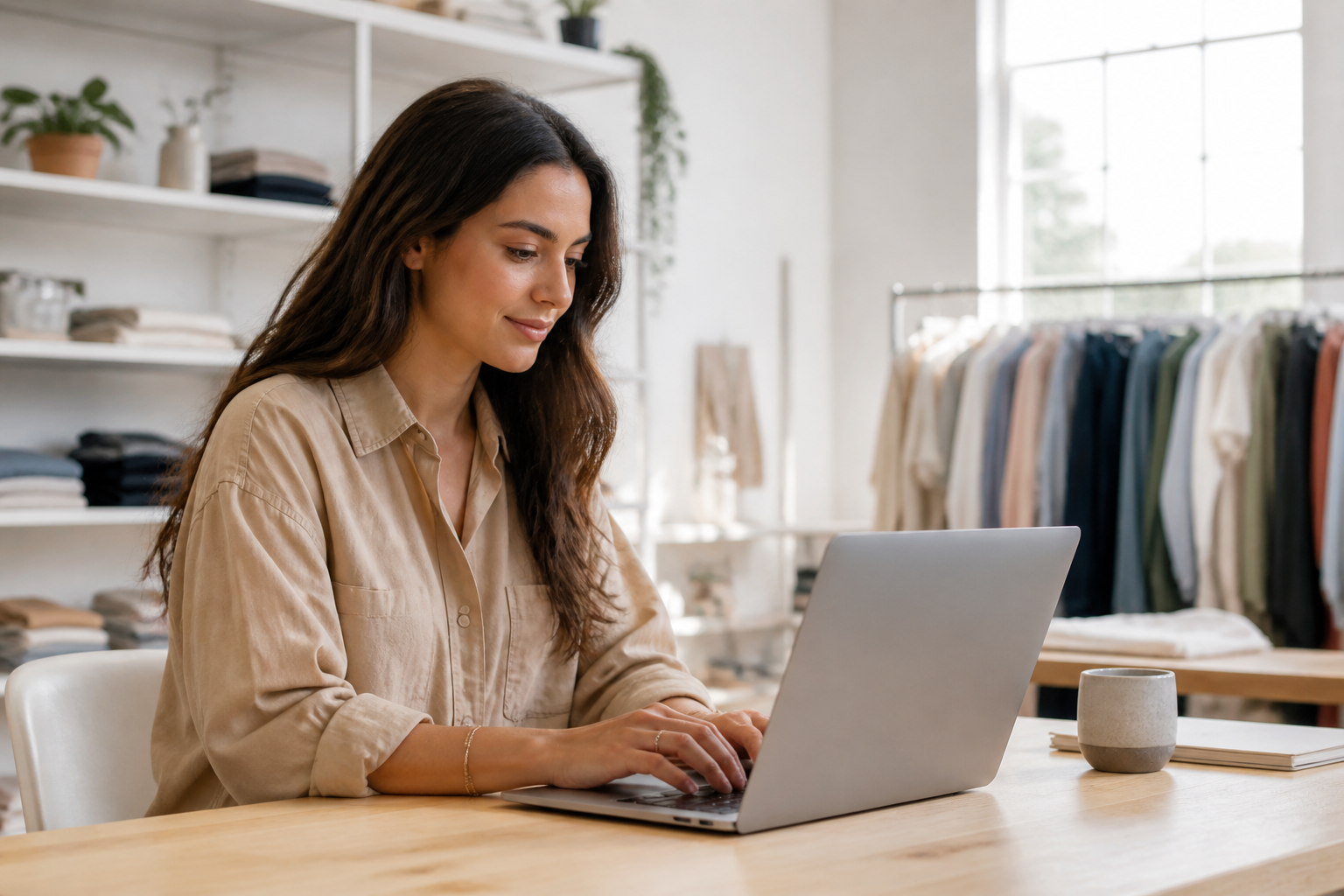 Merchant working at a laptop in a bright studio.